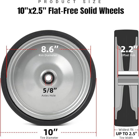 AR-PRO (2-Pack) 10"x2.2" Flat Free Solid Rubber Replacement Tires – 10 Inch Solid Wheels for Hand Trucks, Dollies, Utility Carts, and Wheelbarrows with 2.2" Offset and 5/8" Axle Hole