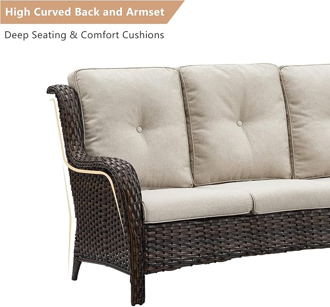 HUMMUH 3-Seat Outdoor Wicker Sofa PE Rattan Patio Couch with Cushions,Deep Seat High Curved Back Armset Patio Sofa