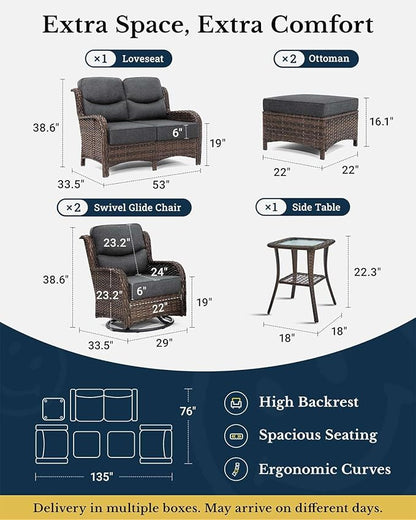 HILLGA Luxury Patio Furniture Set with 6-inch Thick Cushion, Outdoor Loveseat and High Back Swivel Rocker Patio Chairs, 6PCS Wicker Conversation Set for Deck Yard and Poolside, Dark Grey (V2)
