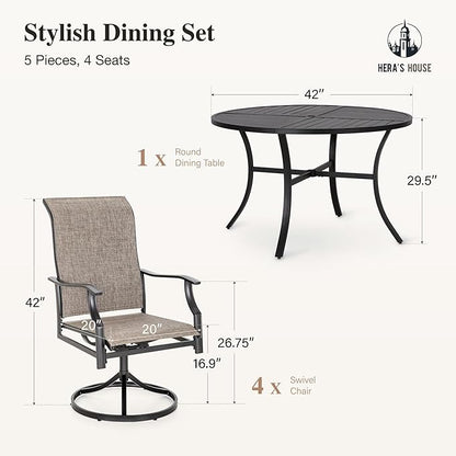HERA'S HOUSE Outdoor Patio Dining Set of 5, 5 Piece Outdoor Table and Chairs Set of 1 Round Patio Table and 4 Quick Dry Textilene Swivel High Back Rocking Chairs for Lawn, Park, and Garden