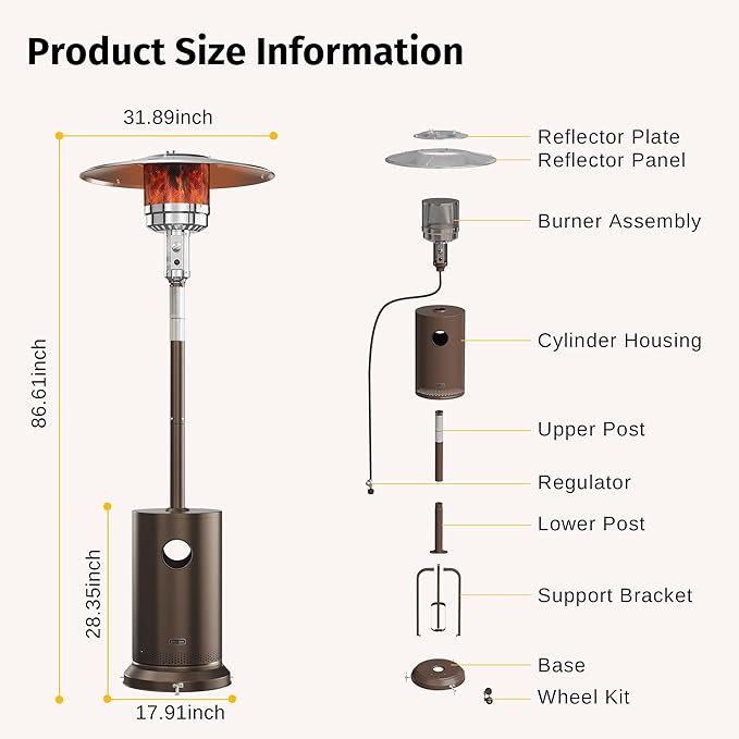 EAST OAK 55,000 BTU Propane Patio Heater with Round Table & Stainless Steel Burner, Outdoor Heater with Wheels, Ideal For Large Patios, Gardens, Outdoor Events, and Commercial Use, Bronze