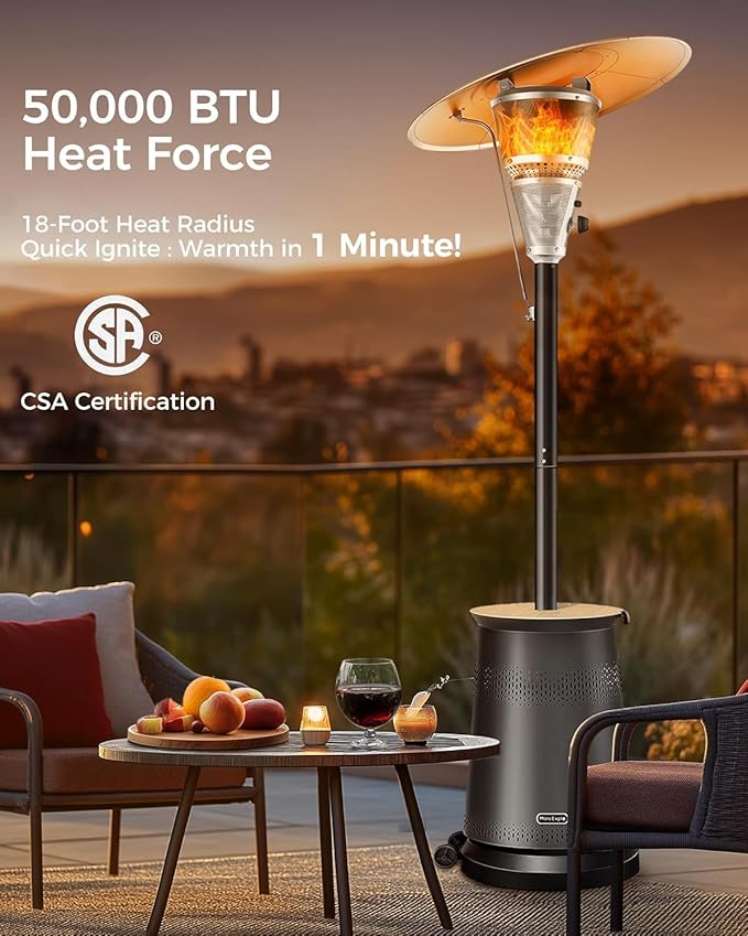50,000 BTU Patio Heater for Outdoor Use With Adjustable Heat Focusing Top, Portable Propane Patio Heater with Wheels, Stainless Steel Burner for Porch Deck Garden (Black)