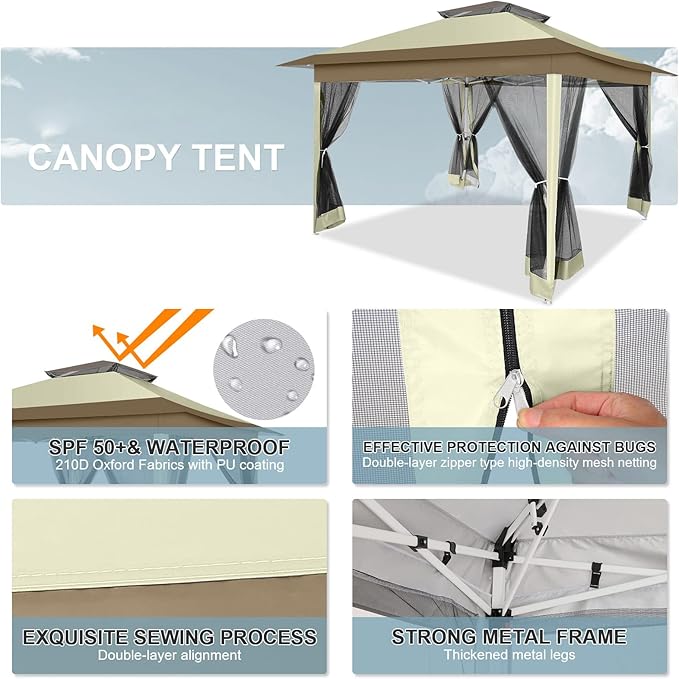 COBIZI 12x12 Pop up Gazebo on Clearance with Mosquito Netting & Sandbags, Outdoor Canopy Tent with 4 Ropes 8 Stakes & Portable Carrying Bag, Patio Portable Gazebo for Garden Backyard & Lawn,Khaki