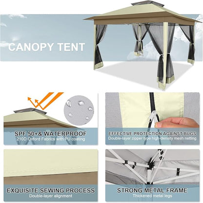COBIZI 12x12 Pop up Gazebo on Clearance with Mosquito Netting & Sandbags, Outdoor Canopy Tent with 4 Ropes 8 Stakes & Portable Carrying Bag, Patio Portable Gazebo for Garden Backyard & Lawn,Khaki