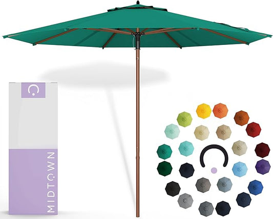 Midtown Umbrellas The Wooden 10 Feet Patio Umbrella With Sunbrella Canvas Teal Acrylic Fabric - Aluminum Frame Market Umbrella For Backyard, Deck, Garden, Pool - Wooden Pole