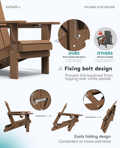 SERWALL Adirondack Chair with Cup Holders - Composite Adirondack Chairs Set of 4 HDPE Outdoor Chairs All Weather Use- Brown