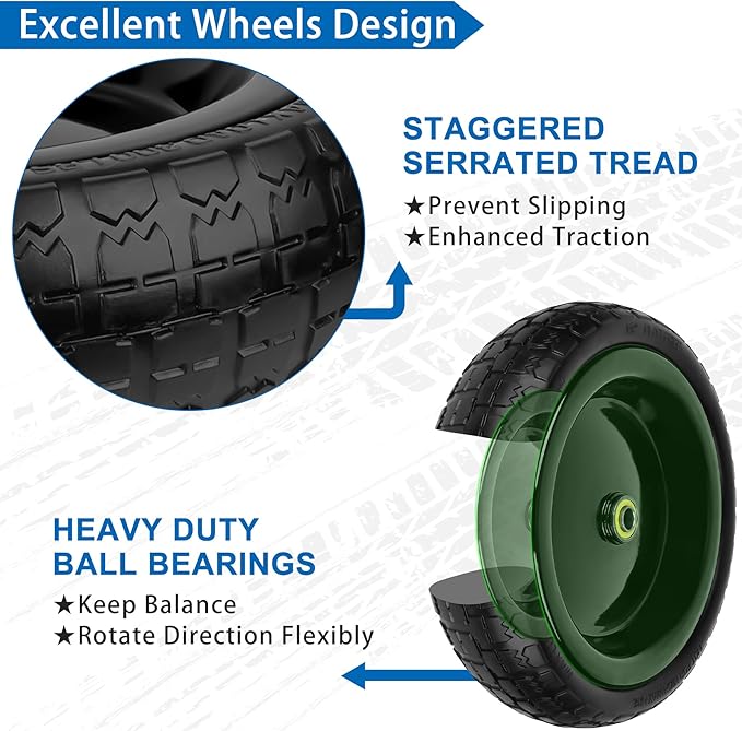 13 Inch Flat Free Wheels Tires 4.00-6 Solid Replacement with Universal 5/8" Axle Bore Hole, 4 Spacers and 2 Pins, for Wheelbarrow, Garden Wagon, Hand Truck, Trolley, Lawn Mower, 1 Pack