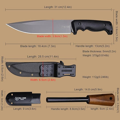 BA-KOR 5mm (9CR18MOV) steel 12.4" full tang hunting knife+K sheathing &5.9" cerium igniter Suitable for outdoor hunting, camping, wilderness survival, outdoor rescue, barbecuing, fishing, and as a gift