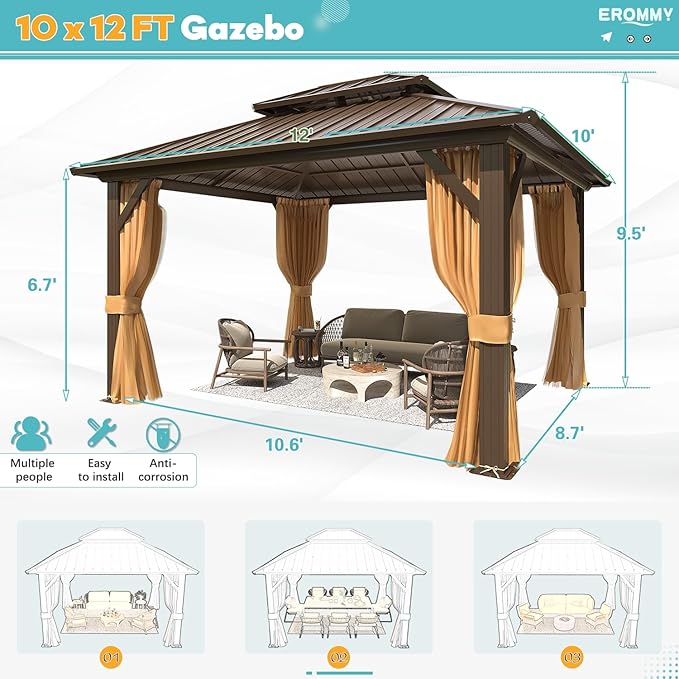 EROMMY 10' x 12' Hardtop Gazebo, Aluminum Frame Gazebos with Galvanized Steel Double Roof, Permanent Outdoor Metal Pavilion with Curtain and Netting for Patio, Lawn, Deck