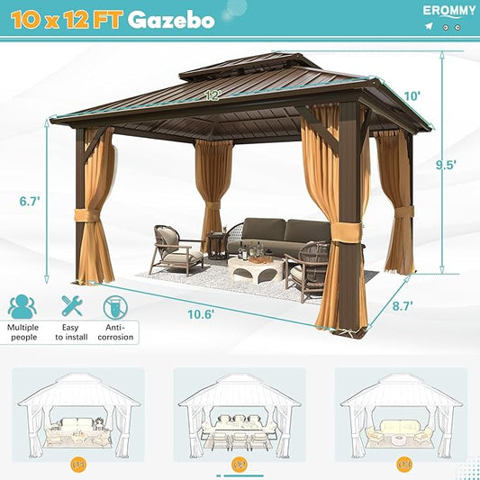 EROMMY 10'x12' Gazebo Hardtop, Galvanized Steel Double Roof Metal Gazebo with Aluminum Frame, Permanent Outdoor Pavilion with Curtain and Netting for Patio, Lawn and Garden, Brown