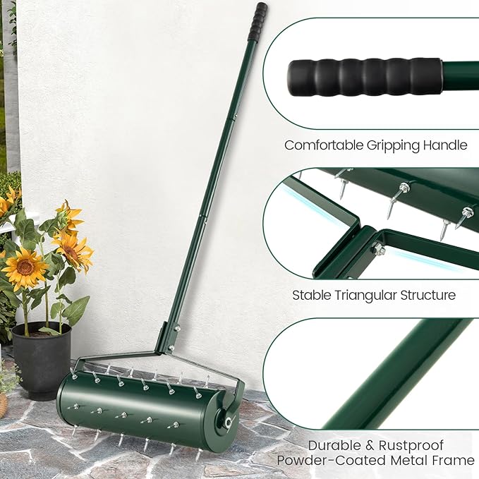 Goplus Rolling Lawn Aerator, 21-Inch Garden Yard Rotary Push Tine Filled Sand Stone, Heavy Duty Spike Soil Aeration w/Metal Handle, Fillable Drum 51" Manual Lawn Aeration Tool Garden Grass Patio Yard