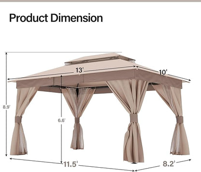 LAUSAINT HOME Outdoor Patio Gazebo 10'x13' with Expansion Bolts, Heavy Duty Gazebos Party Tent Shelter with Double Roofs, Mosquito Nets and Privacy Screens for Backyard, Garden, Lawn, Khaki