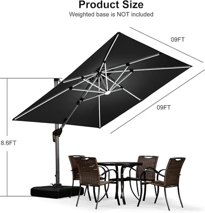 PURPLE LEAF 9 Feet Double Top Deluxe Solar Powered LED Square Patio Umbrella Offset Hanging Umbrella Outdoor Market Umbrella Garden Umbrella, Grey