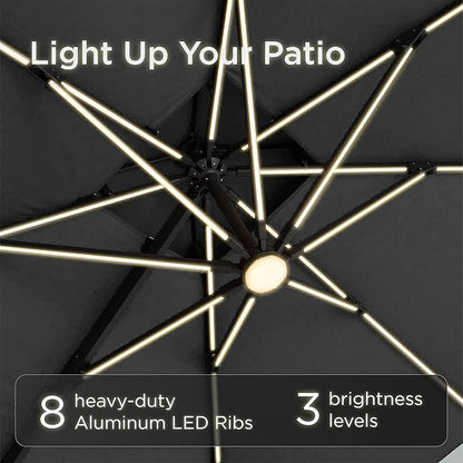 10x10 FT Cantilever Patio Umbrella with Led Lights Double Top Outdoor Square Heavy Duty Offset Umbrellas 360°Rotation Free-motion Track Tilt Windproof for Pool Deck Garden, Grey