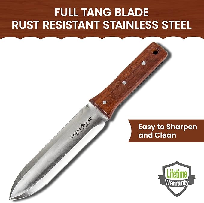 Garden Guru Hori Hori Gardening Knife for Weeding, Digging, Pruning, and Cultivating - Stainless Steel Full Tang Blade | Marks for Measuring Planting Depth (4 Pack)