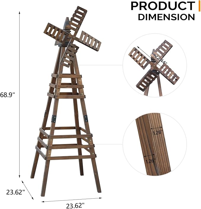 Wooden Windmill, Weather-Proof Wind Spinner, Outdoor Wind Mill for Garden Lawn Patio Decoration (Carbonized, Medium)