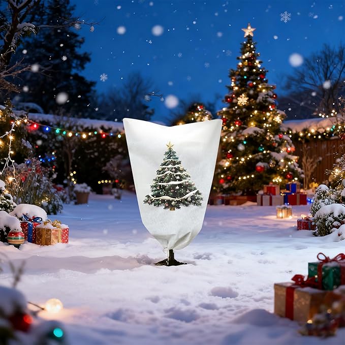 2-Pack Plant Covers Freeze Protection, 31" W x 47" L Thick Frost Cloth with Christmas Element, Tree Wrap for Winter with Zipper Drawstring Protect Your Plants