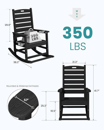 SERWALL Outdoor Rocking Chair Set of 2, Oversized Rocking Chair with Footboard for Adults, HDPE All Weather Rocking Chairs for Patio, 350lbs Weight Capacity, Black