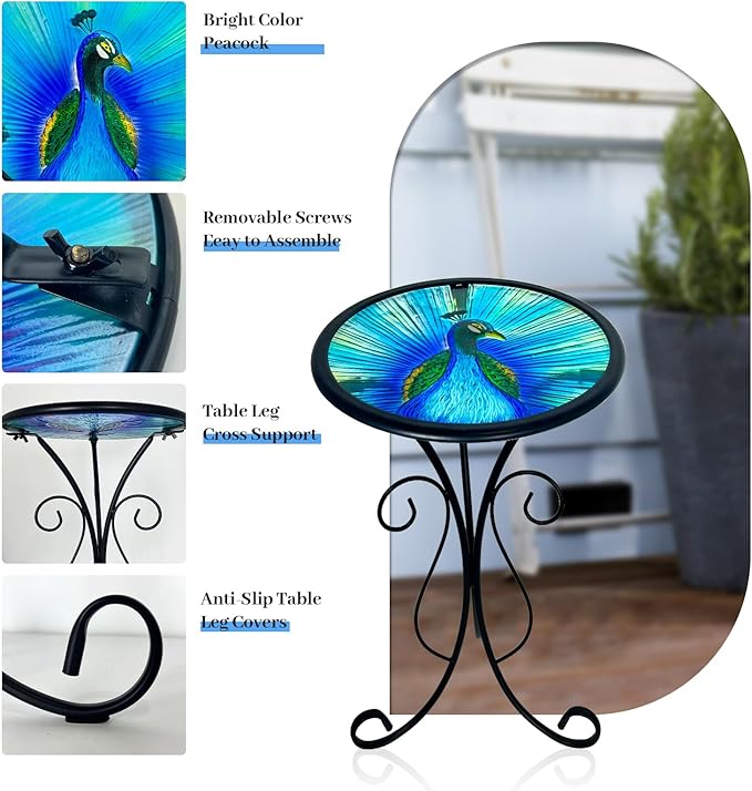 HONGLAND Outdoor Side Table, 12" Round Small Outdoor Glass End Table, Glass Plant Stand, Small Bistro Coffee Table for Garden Patio Porch Living Room （Peacock）