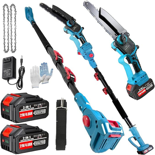 2-In-1 Electric Pole Saws for Tree Trimming, 8 Inch Mini Chainsaw with Extension Pole&2×4.0Ah Batteries, 16FT Cordless Pole Saw Battery Powered, Brushless Motor, Tree Trimmer Limb Branch Cutter Pruner