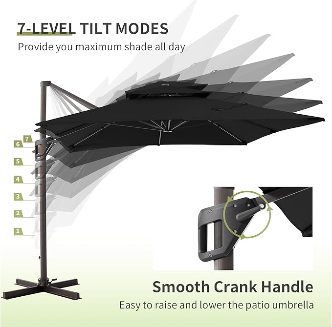 JZAC & QZYD 10 X 13 FT Cantilever Patio Umbrella Outdoor Large Heavy Duty Rectangle Offset Double Top Umbrellas with 360° Rotation for Pool Deck Backyard Garden, Black