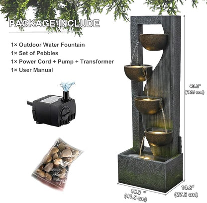 Outdoor-Water-Fountain Waterfalls Garden Fountain 5-Tier Outdoor Floor Standing Water Fountains with Natural Stones, LED Lights, Pump for Garden, Living Room, Patio, 49.2 Inches Tall