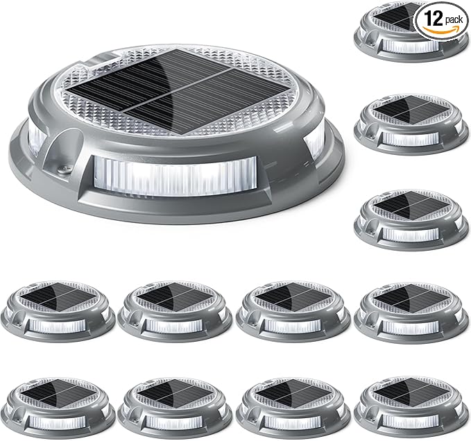 SIEDiNLAR Solar Driveway Lights Outdoor 16 LEDs 9 Modes, Dock Markers Deck Lights Waterproof Warning for Driveway Step Walkway Pathway Ground Yard Garden, RGB (12 Pack)