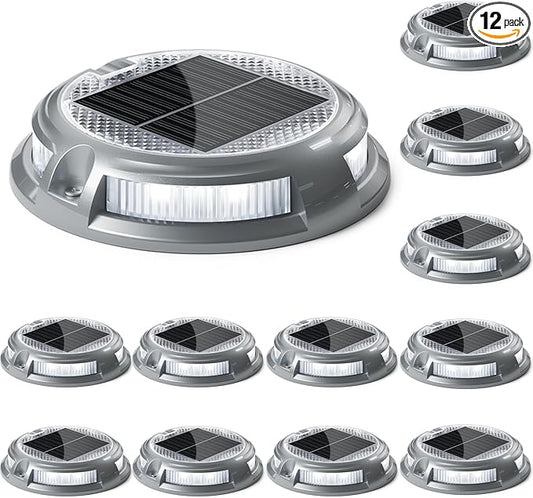 SIEDiNLAR Solar Driveway Lights Outdoor 16 LEDs 9 Modes, Dock Markers Deck Lights Waterproof Warning for Driveway Step Walkway Pathway Ground Yard Garden, RGB (12 Pack)