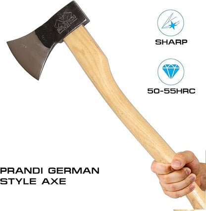 Prandi Axes German C45 Forged Carbon Steel Hatchet - Hickory Handle with Leather String - Ideal for Firewood, Splitting, and Chopping - 23.62" L x 7.36" W, 1000g Head 3.011.10.TH - No Sheath