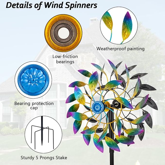 DREAMSOUL 360° Wind Spinners Outdoor with Metal Stake, Kinetic Two-Way Wind Spinners for Yard and Garden Decor (63 * 13 Inches)
