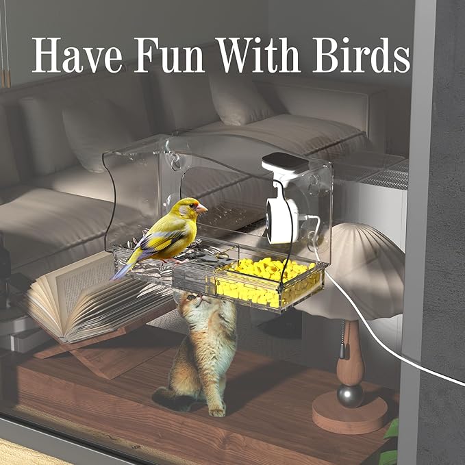 Freesason Smart Bird Feeder with Camera & AI Bird Identifier, 2K HD Auto-Capture Video, Window Mounted with Strong Suction Cups, Unique Tech Gift for Birds Watchers (Clear)