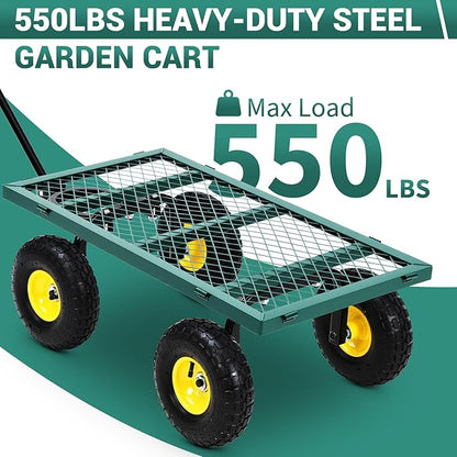 Heavy Duty Steel Garden Cart, 550 LBS Pullable Metal Garden Wagon with 10 in Wheels, 180° Rotating Handle and Removable Sides for Outdoor, Farm, Yard, Beach ﻿