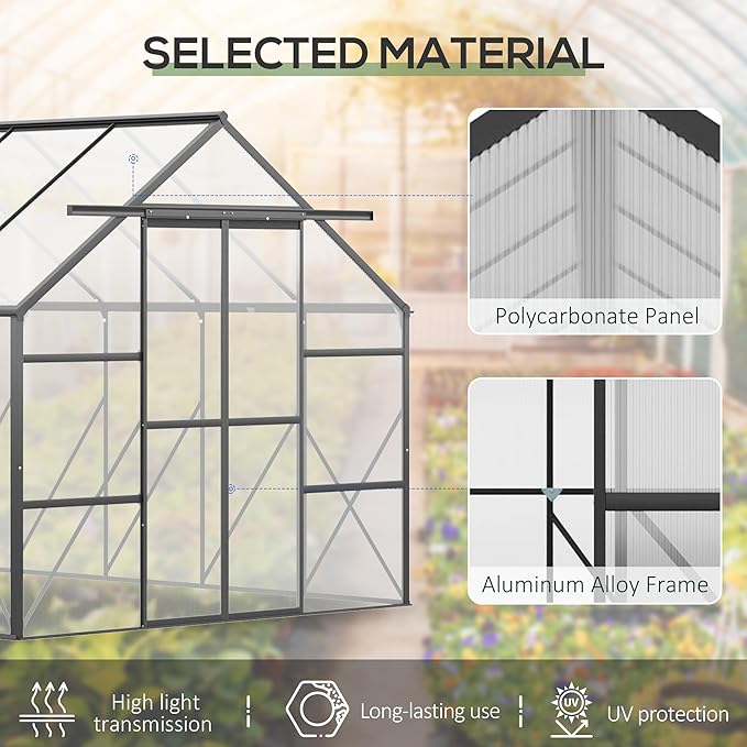 Outsunny 20' x 8' Polycarbonate Greenhouse with Aluminum Frame, Walk-in Garden Greenhouse Kit with Adjustable Roof Vent, Rain Gutter and Sliding Door for Backyard, Patio, Clear