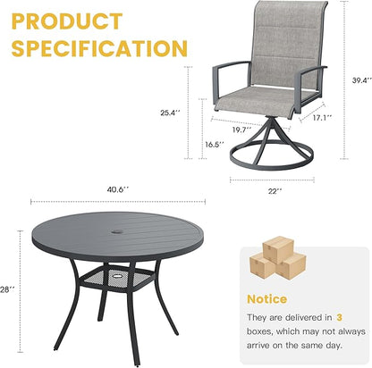 VICLLAX 5 Pieces Patio Dining Set - 41.2" Round Outdoor Table and Swivel Padded Chairs, Grey Tabletop and Grey Fabric