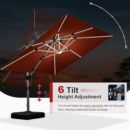 PURPLE LEAF 9 Feet Double Top Deluxe Solar Powered LED Square Patio Umbrella Offset Hanging Umbrella Outdoor Market Umbrella Garden Umbrella, Brick Red