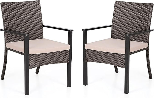 PHI VILLA Outdoor Wicker Chairs Set of 2, Rattan Covered Metal Armchairs with Removable Cushion, Heavy Duty Furniture Set for Patio, Deck, Porch, Yard