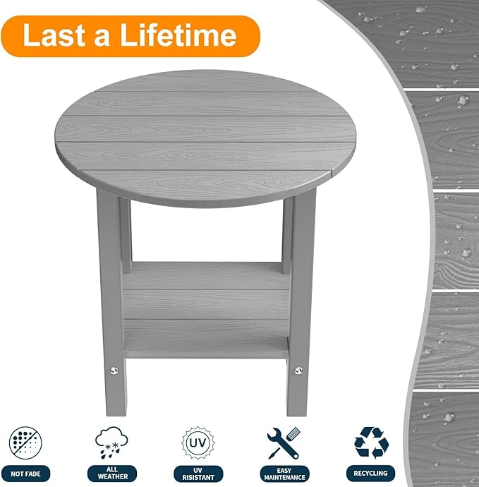 MXIMU Round Outdoor Side Table Adirondack Tables 18 Inch Chairside End Tables with Storage Shelf, 2-Tier Plastic Patio Side Table, Weather Resistant for Balcony Backyard Lawn (Grey, 2 Pack)