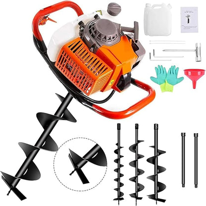 72cc Post Hole Digger 2-Stroke Petrol Gas Powered Earth Digger with 2 Extension Rods（24" & 24"） + 3 Auger Drill Bits (3" 5" & 8") for Farm Garden Plant