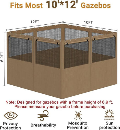 Gazebo Privacy Curtain 10'x12', Replacement Curtains with Mosquito Net Windows, 4-Panels Side Wall, Zippers, Waterproof Outdoor Curtains for Patio, Canopy, Garden and Backyard, Khaki (Curtain Only)