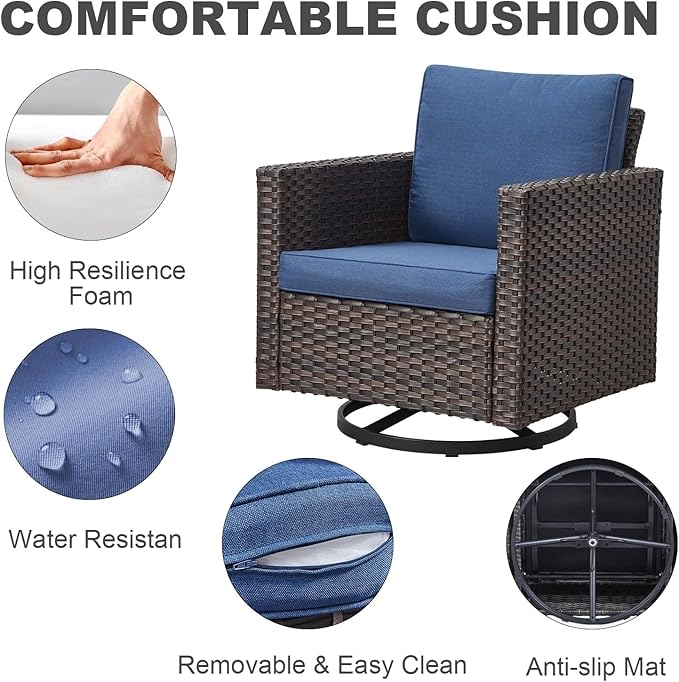 Wicker Outdoor Swivel Chairs Set of 4 with Fire Pit Table, 5 Pieces Patio Furniture Set with Fire Pit Table for Yard, Deck, Garden, Brown/Blue