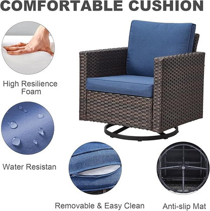 Wicker Outdoor Swivel Chairs Set of 4 with Fire Pit Table, 5 Pieces Patio Furniture Set with Fire Pit Table for Yard, Deck, Garden, Brown/Blue