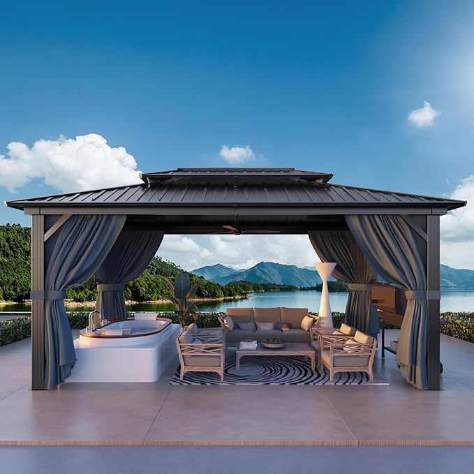 HOTEEL 10x15 Hardtop Gazebo with Flame-Retardant Curtain & Netting, Hot Tub Gazebo with Galvanized Steel Double Roof, Heavy Duty Permanent Pavilion Outdoor for Patio, Frame Thickened, Black(Upgraded)