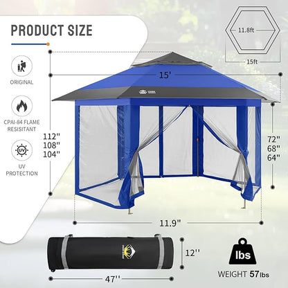 CROWN SHADES 12x12 Pop up Gazebo with Mosquito Nettings, Patented Center Lock 6-Sided Portable Gazebo, 300D Silver-Coated Fabric UV Resistant, Pop Up Canopy Tent for Patio, Party, Blue&Light Grey