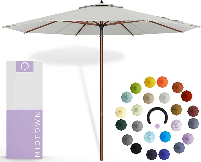 Midtown Umbrellas The Wooden 9 Feet Patio Umbrella With Terylast Off Cream (Off White) Polyester Fabric - Aluminum Frame Market Umbrella For Backyard, Deck, Garden, Pool - Wooden Pole