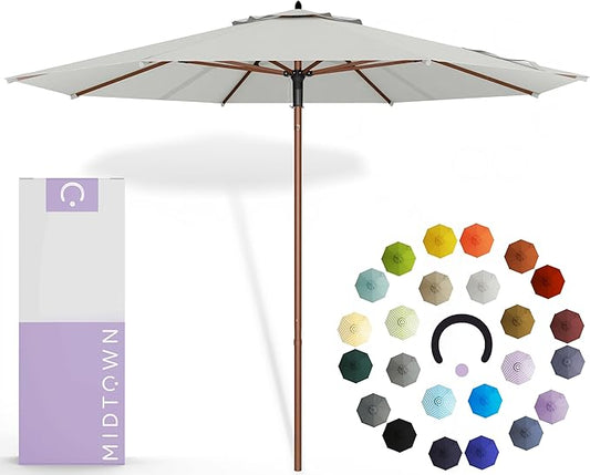 Midtown Umbrellas The Wooden 10 Feet Patio Umbrella With Terylast Off Cream (Off White) Polyester Fabric - Aluminum Frame Market Umbrella For Backyard, Deck, Garden, Pool - Wooden Pole