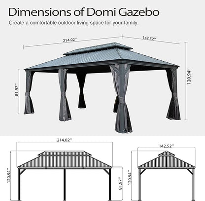 Domi 12x18FT Outdoor Gazebo, Hardtop Gazebo with Galvanized Steel Double Roof, Metal Gazebos with Drainage System Patio Pergola for Patio Deck Backyard,Curtain and Netting,Gray