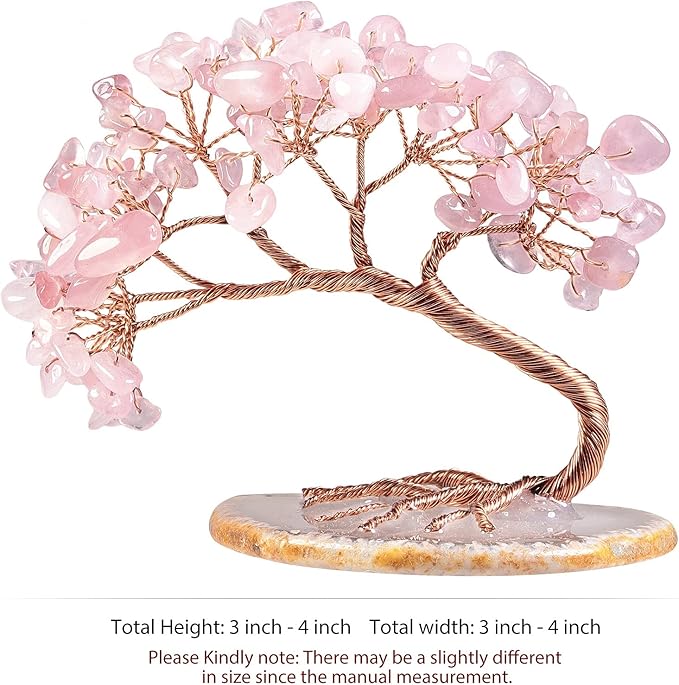 TUMBEELLUWA Reiki Crystal Money Tree with Agate Slice Base Feng Shui Stone Bonsai Tree Figure Decor for Happiness Good Luck and Wealth, Rose Quartz