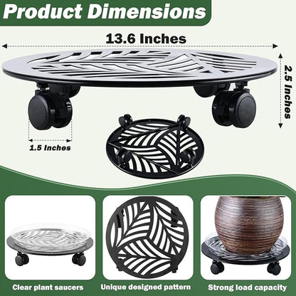 3 Packs Large Metal Plant Caddy with PU Wheels 13.6" Heavy-duty Wrought Iron Rolling Plant Stands Indoor Outdoor Wheeled Plant Dolly Planter Mover Rollers Plant, Leaf Style