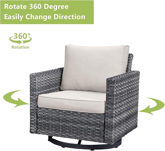 Wicker Outdoor Patio Furniture Set - 6 Piece Patio Conversation Set with 2 Swivel Rocker Chairs,2 Rattan Ottoman,1 Couch and 1 Metal Side Table for Outside Porch Deck Backyard(Mixed Grey/Beige)
