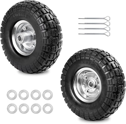 4.10/3.50-4 Tire Wheels Flat Free 10" Heavy Duty Solid Flat-Free Replacement Tire with 5/8 Axle Compatible with Gorilla Carts, Wheelbarrow, Dolly, Hand Truck (2-Pack)